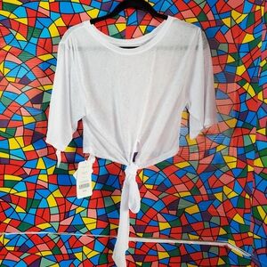 Fabletics Ryan Semi-Sheer Top Crop White Short Sleeve Tie Detail Pullover Medium